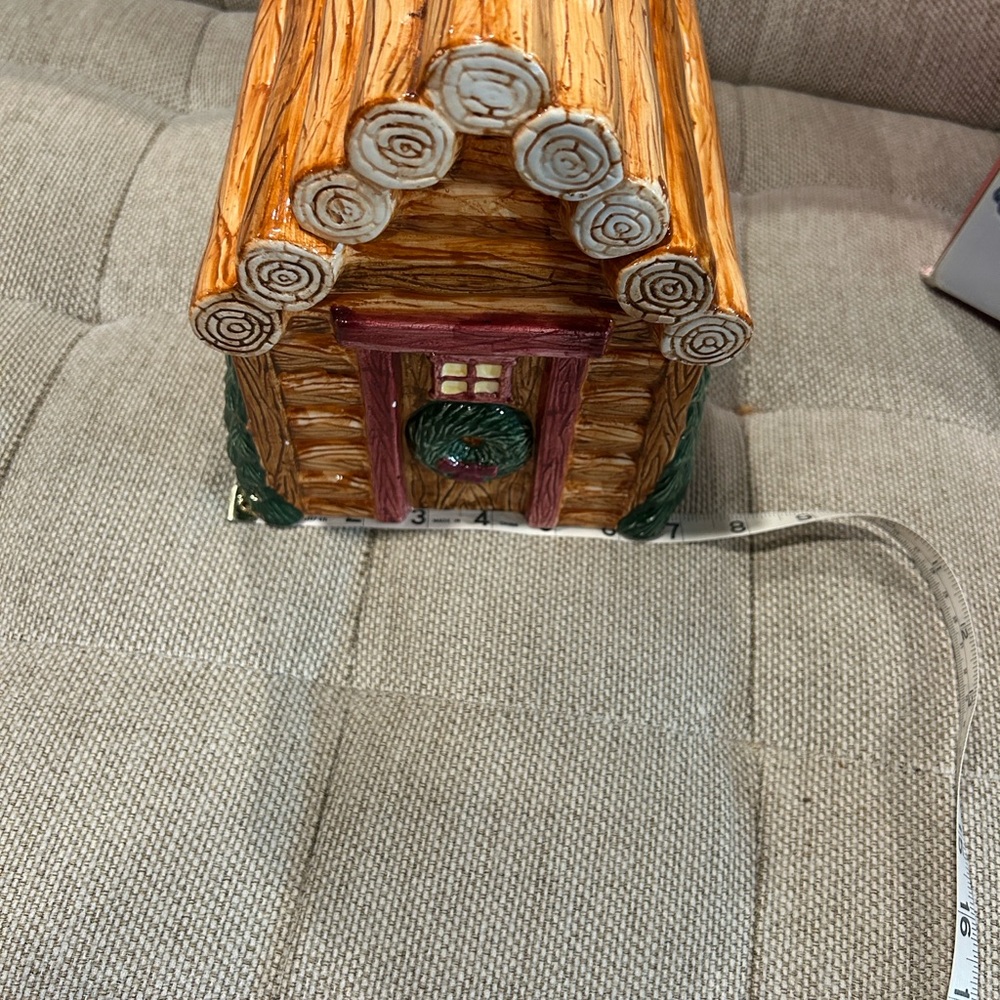 Christmas Village Earthenware Log Cabin Holiday Cookie Jar - Brown and Green - Picture 10 of 16